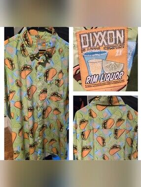 DIXXON Rim Liqour Men’s Green Taco & Drink Print Short-Sleeve Button-Down Shirt